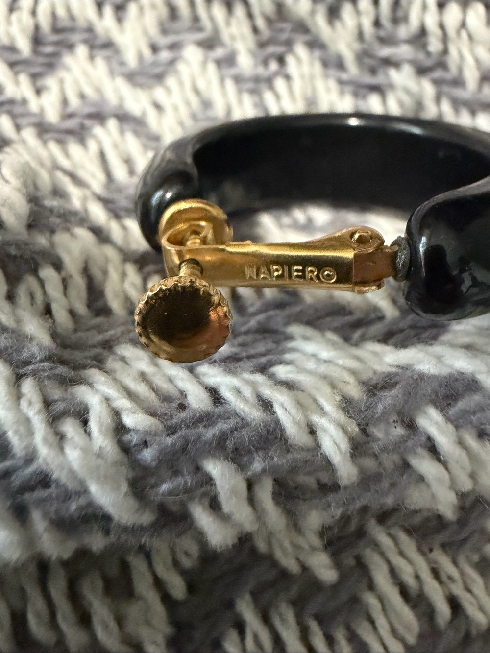 Vintage Napier Black Chunky Hoop Clip On Earrings Gold Tone